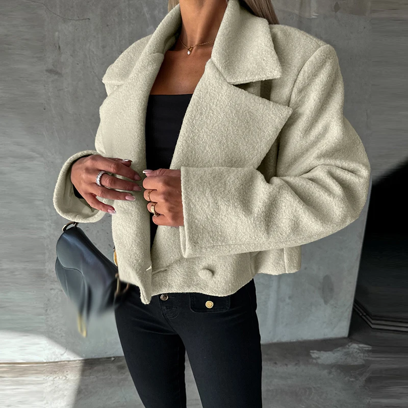 

Женская модная свободная двубортная верхняя одежда 2023, короткое Однотонное шерстяное пальто, повседневная универсальная шерстяная куртка с карманами и лацканами, Новинка