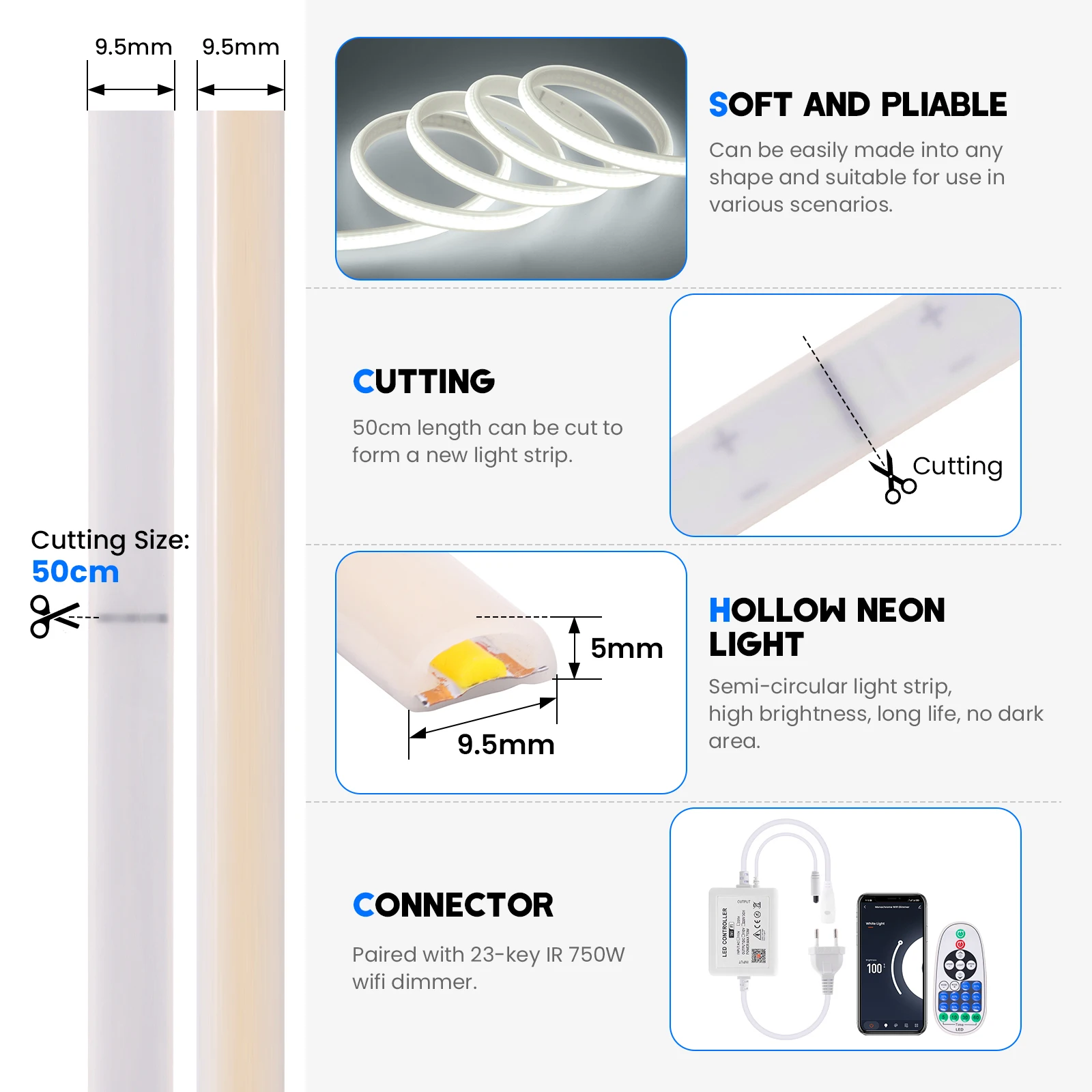 Светодиодная лента Tuya APP Bluetooth COB 220 В с регулируемой яркостью 288 светодиодов/м RA90