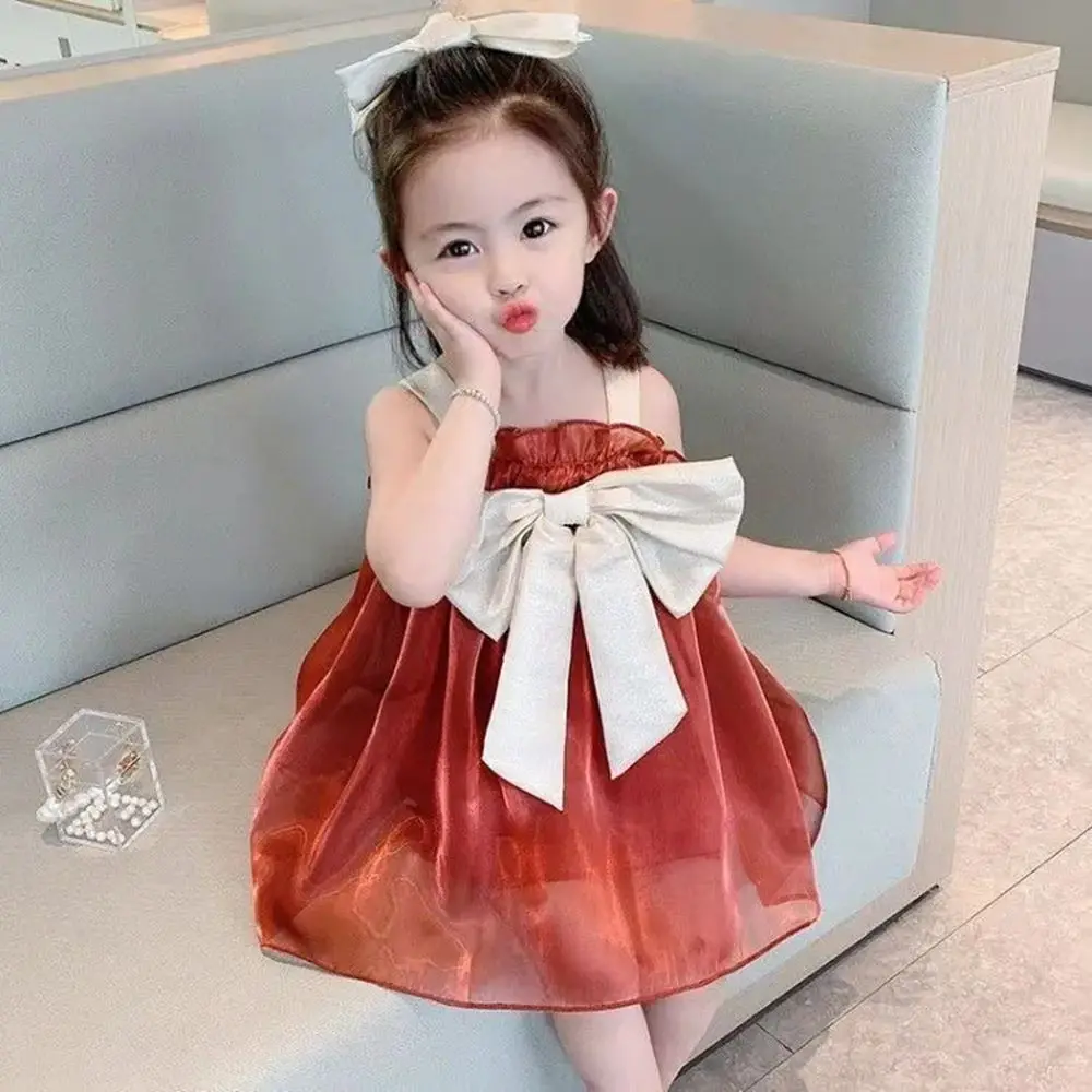

Girls Clothes 2022 Summer Kids Sleeveless Big Bow Princess Dresses Toddler Baby Children Clothing 3-8 Year Girl Party Mesh Dress
