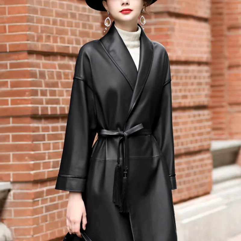 

2023 Genuine Leather Jacket Spring Belted Coat Women Clothes Silm Long Jackets Sheepskin Black Trenchcoat Casacos Femin