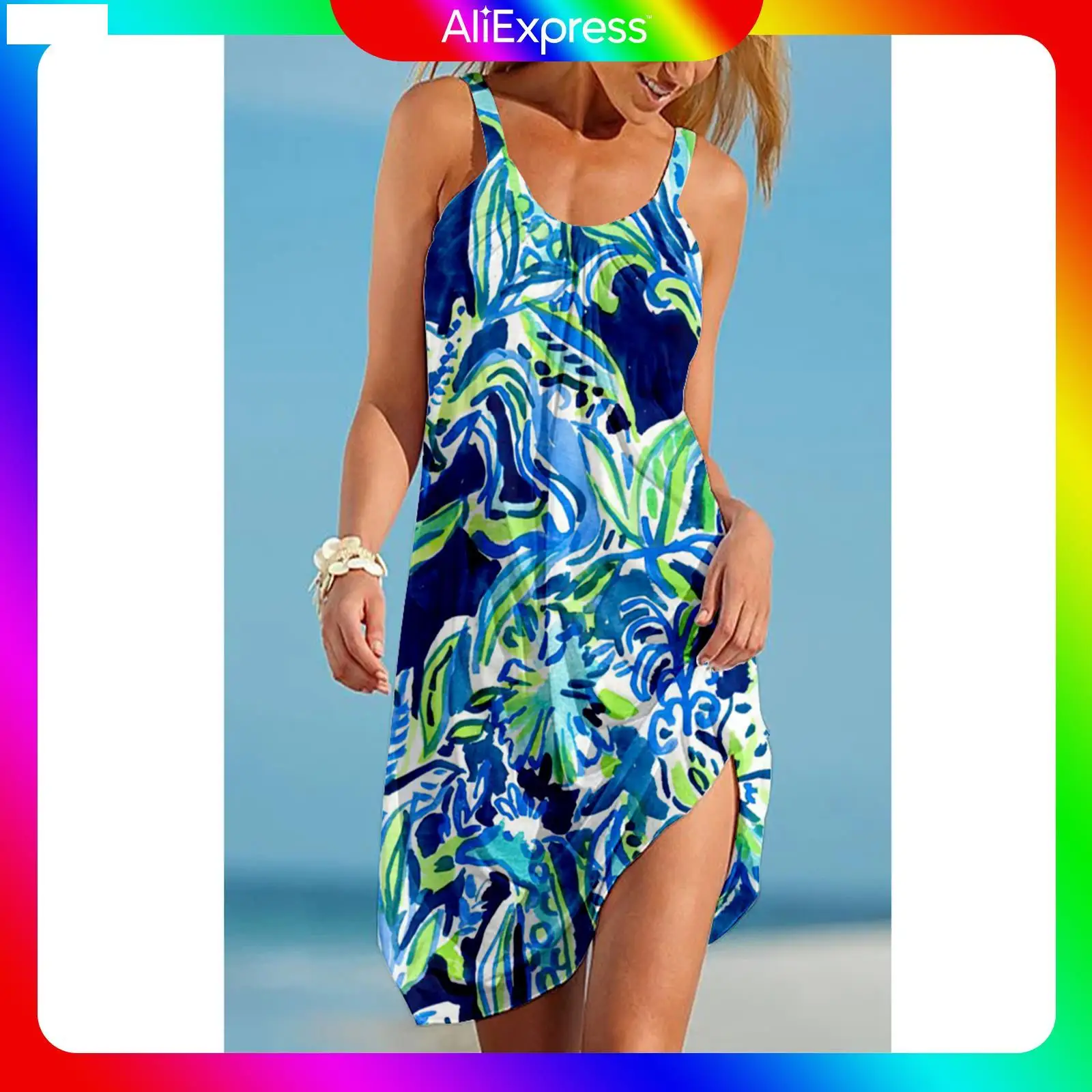 

Женский пляжный сарафан в стиле бохо, голубое платье с принтом, открытыми плечами, без рукавов, праздничный пляжный ночной наряд для лета
