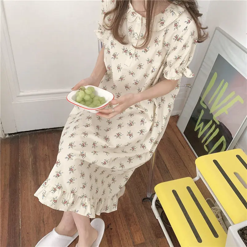 QWEEK Night Dress Women Doll Collar Ruffle Nightgown Blue Apricot Sleepdress Sleepshirts Summer 2021 Fashion Nightie Roomware