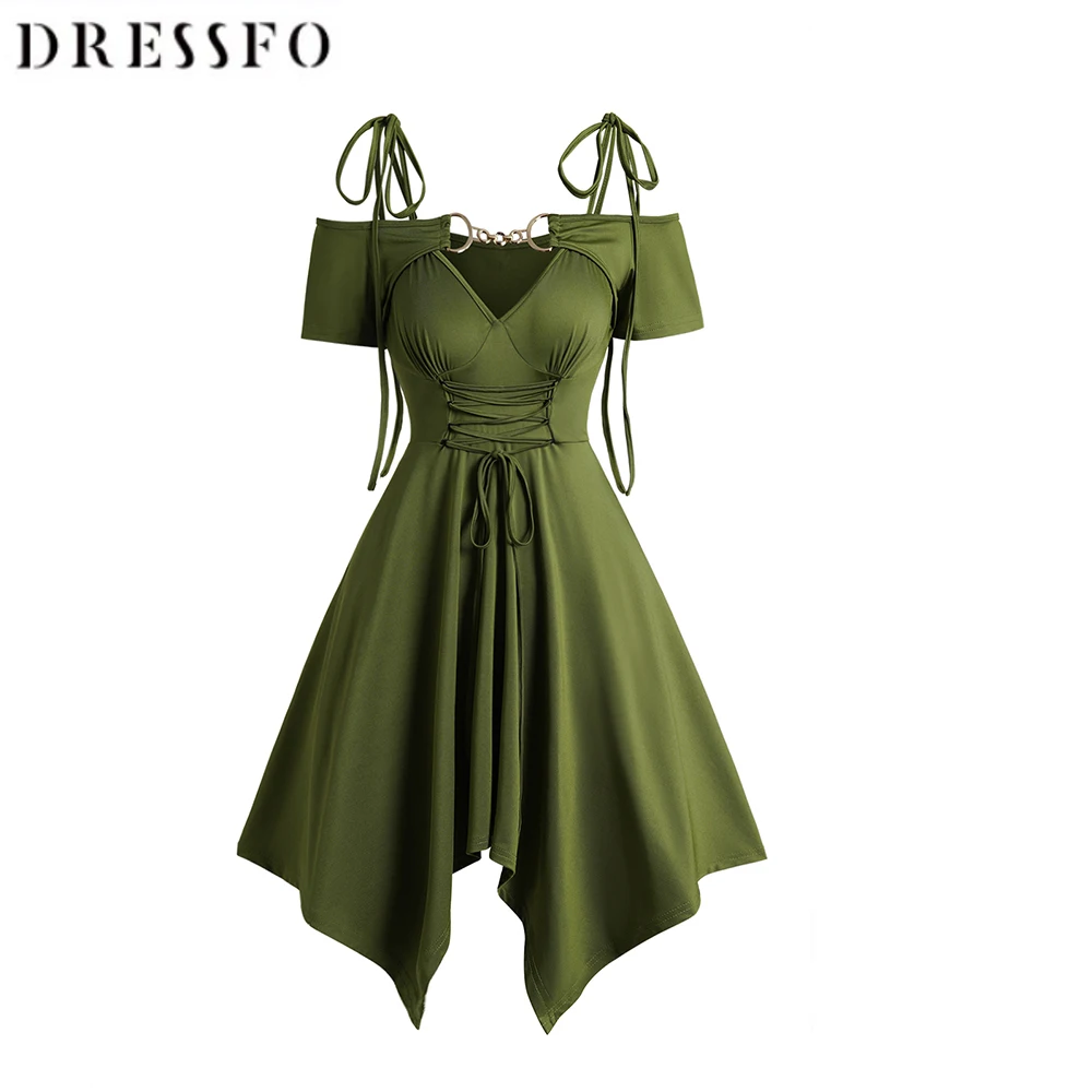 

Women Dress Cold Shoulder Lace Up Asymmetric Dress Tie Knot Shoulder Chain Detail Solid Color Short Sleeve Dress 2023