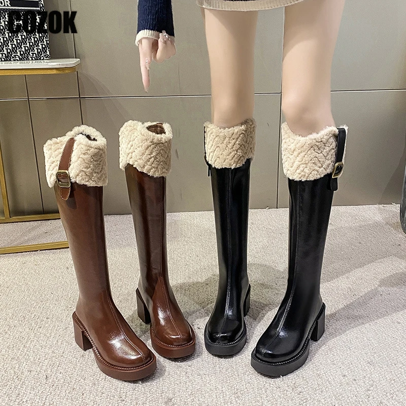 

Женские высокие сапоги до колена, короткие плюшевые сапоги на толстом каблуке, новинка 2023, зимние теплые женские сапоги для снега, Длинные женские сапоги на молнии с пряжкой, обувь в готическом стиле