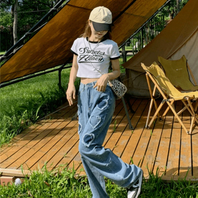 Fat Plus Size Blue Pants Women Are Thin and Loose Love Wide-leg Trousers Heart-shaped Peach Heart High Waist Straight Jeans