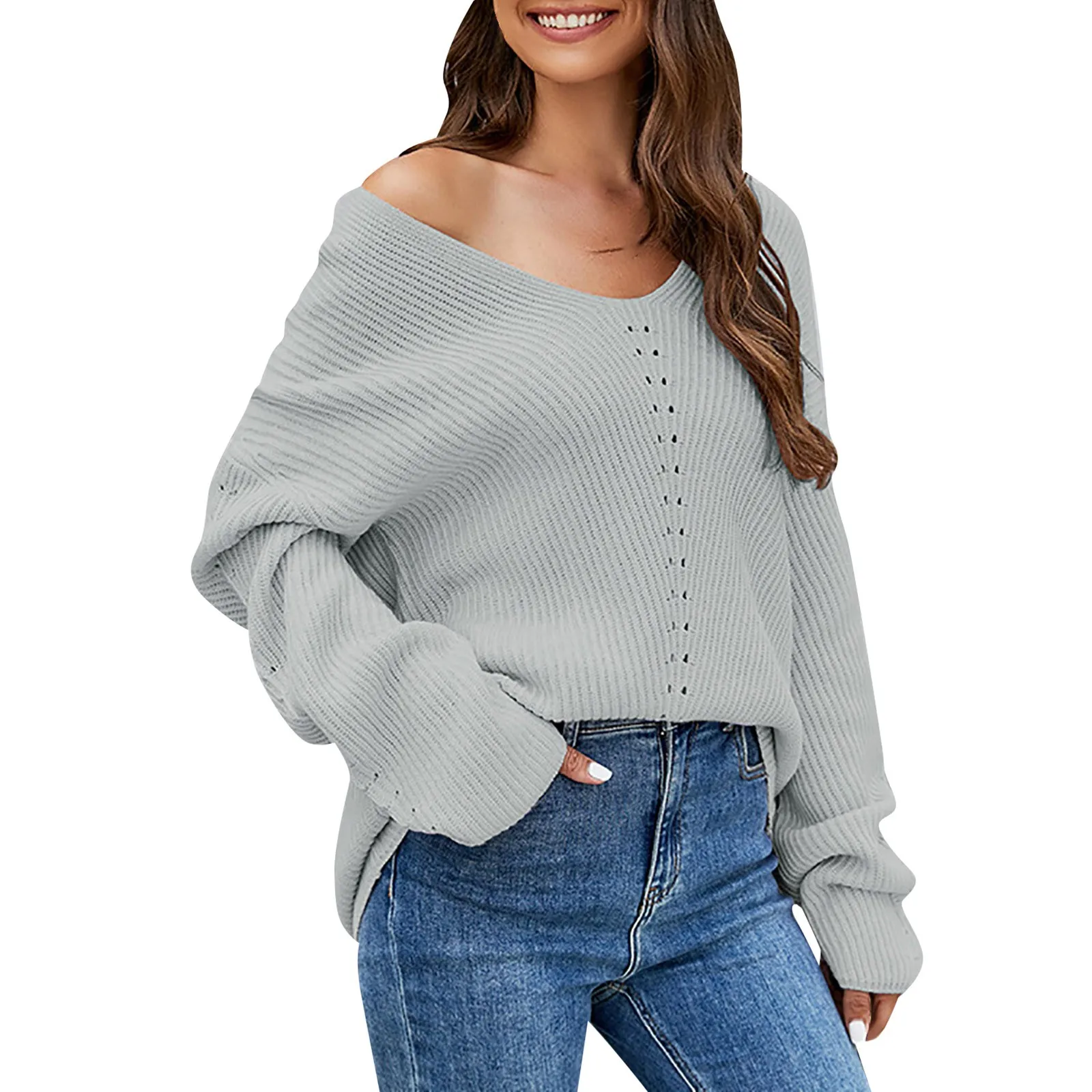 

Women Knit Sweater Solid Color Hollow Pullover Line Neck Loose Sweater Trunks
