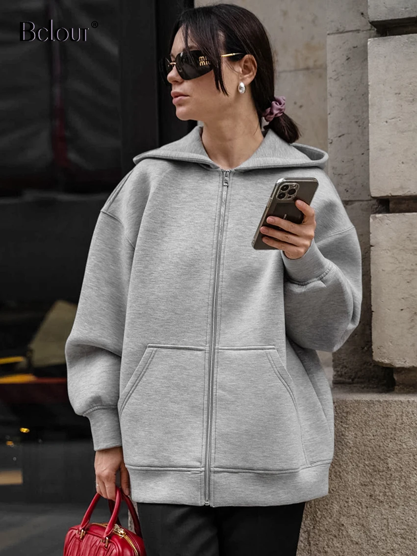

Bclout Autumn Gray Knitted Zipper Hoodies Coats Women Fashion Cotton Long Sleeve Loose Jackets Street Solid Pockets Coats Female