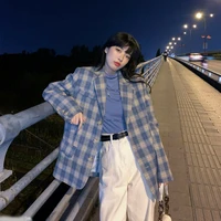 women vintage blue plaid blazers england style casual office work suit 2021 woman fashion loose single breasted plus size blazer