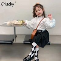 criscky summer baby girl clothes long puff sleeve shirts cute tops pleated skirt playsuits school style girls clothing set