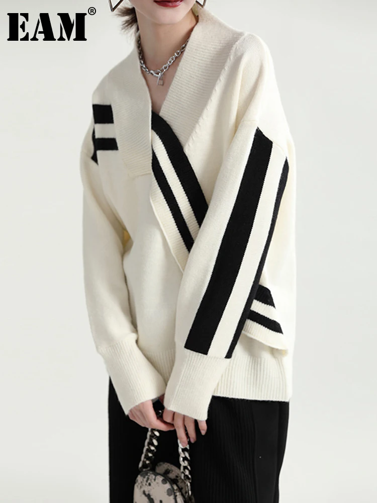 

[EAM] полосатый вязаный свитер большого размера, свободный крой, v-образный вырез, длинный рукав, женские пуловеры, новая мода, Осень-зима 2022, ...