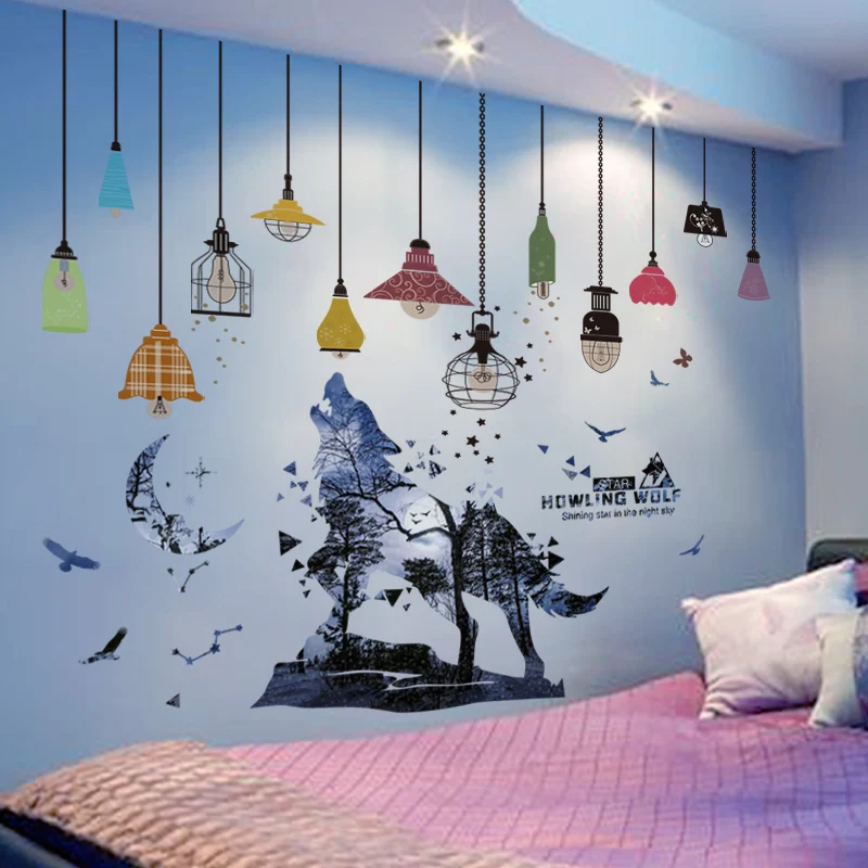

[shijuekongjian] Colorful Chandeliers Wall Stickers DIY Wolf Animal Mural Decals for Kids Bedroom Nursery Home Decoration