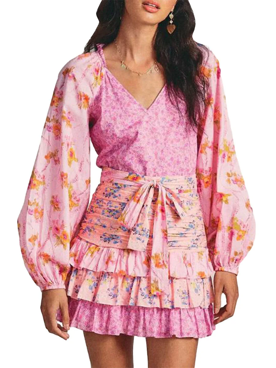 

Women Long Sleeve Floral Dress Layered Ruffle V Neck Party Mini Daily Kimono Dress for Beach Cocktail Club Streetwear