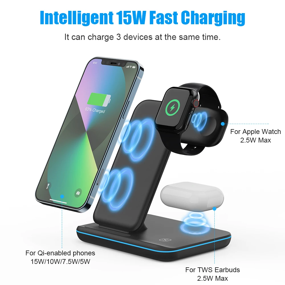Wireless Charger Stand 15W Qi Fast Charging Station Dock for Apple Watch iWatch 7 AirPods Pro For iPhone 14 13 12 11 Pro XS XR X