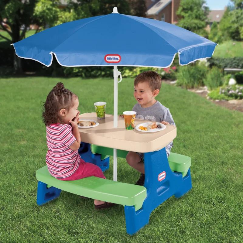 Little Tikes Easy Store Jr. Picnic Table with Umbrella, Blue & Green - Play Table with Umbrella, for Kids kid table and chair