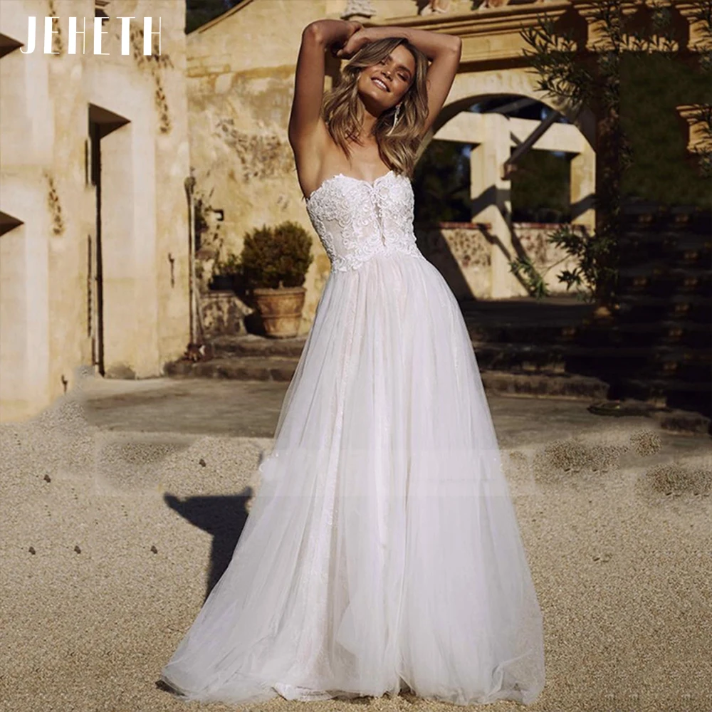 

JEHETH Lace Off the Shoulder Tulle A-line Boho Wedding Dress Strapless Sweetheart Backless Applique Bridal Gowns robe de mariée