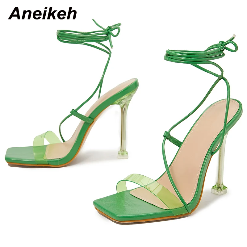 

Aneikeh 2022 Fashion Concise Cross-Tied Ankle Strap Summer Shoes PU Narrow Band Sexy Thin High Heel Open Toe Slingbacks Sandals