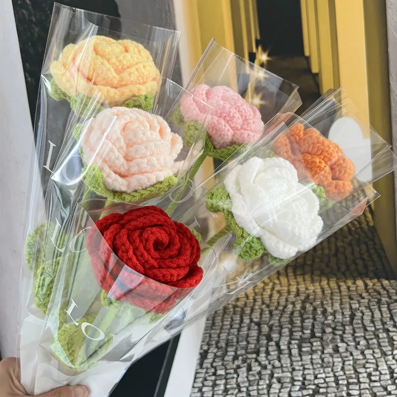 1pcs Knit Flower Rose Tulips Fake Flowers Bouquet Wedding Decoration Hand-woven Home Table Decorate Creative Knitting Bouquet