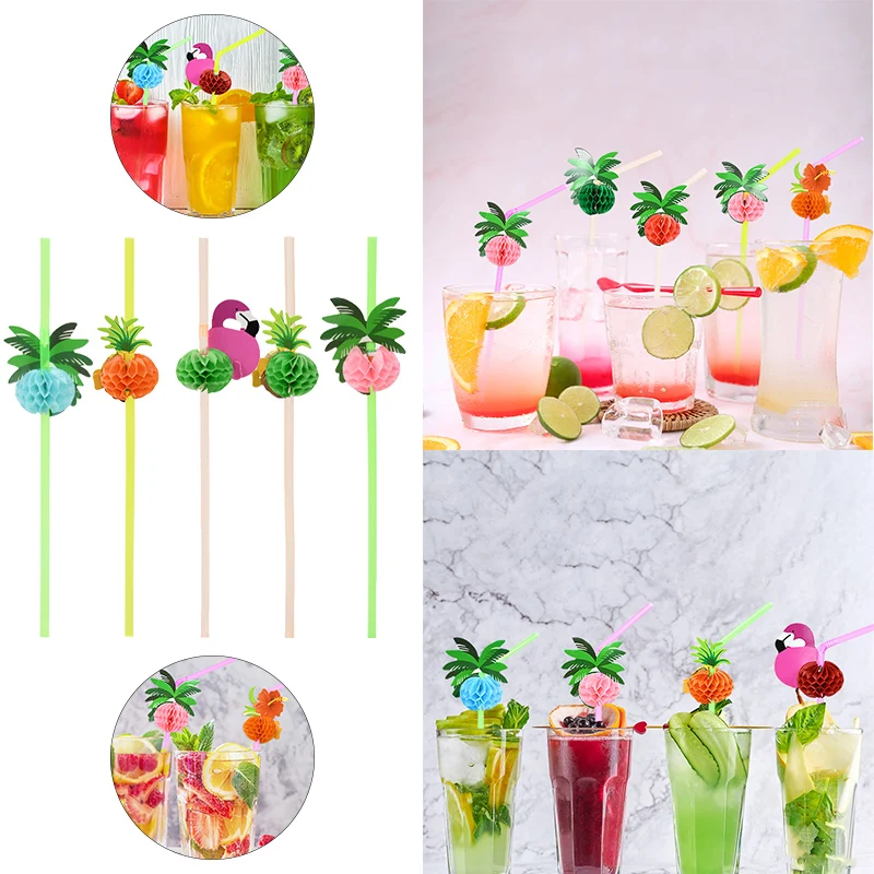 

25Pcs Mix Color Tropical Flamingo Pineapple Cocktail Straws Disposable Juice Drinking Straw Hawaii Beach Party Decorate Supplies