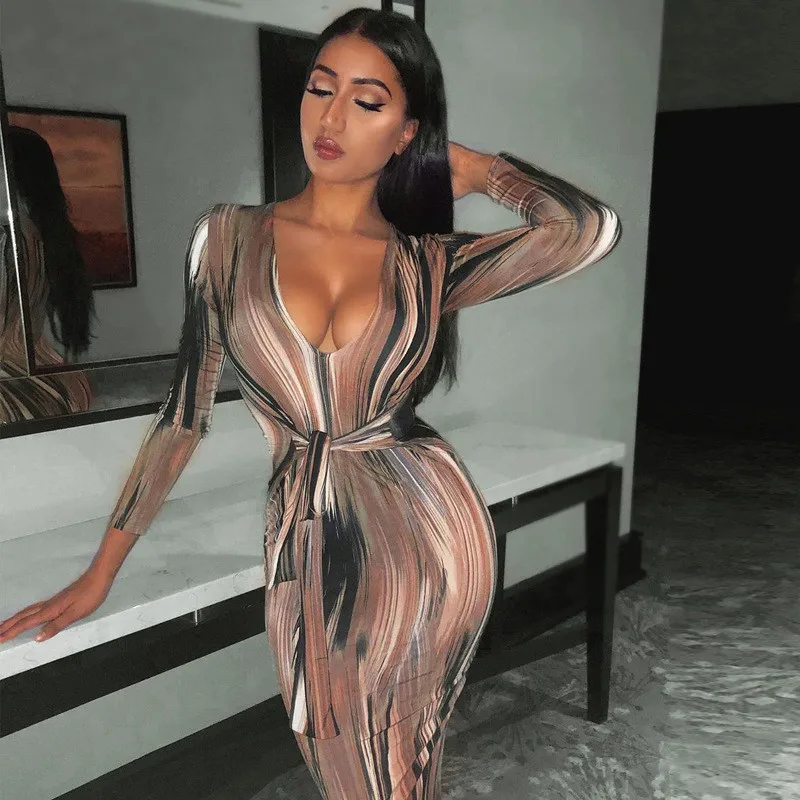 

Summer Printed V-Neck Long Sleeve Dress For Women Sexy Bodycon Long Dress Female Lace Up Dresses Straps Party Beach Vestidos 4#