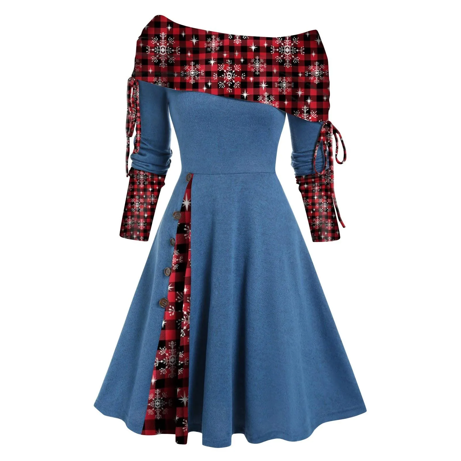 

Women's Autumn And Winter Long Sleeve Off Shoulder Solid Color Christmas Print Patchwork Button Dress 2 Dresses for Women Loose