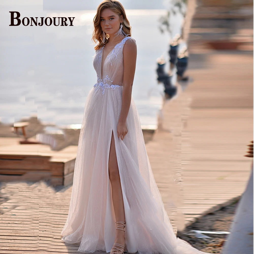 

BONJOURY Sleeveless V-Neck Wedding Dresses For Women 2022 Romantic Princess Bride Lace Appliques Customised Vestido De Casamento