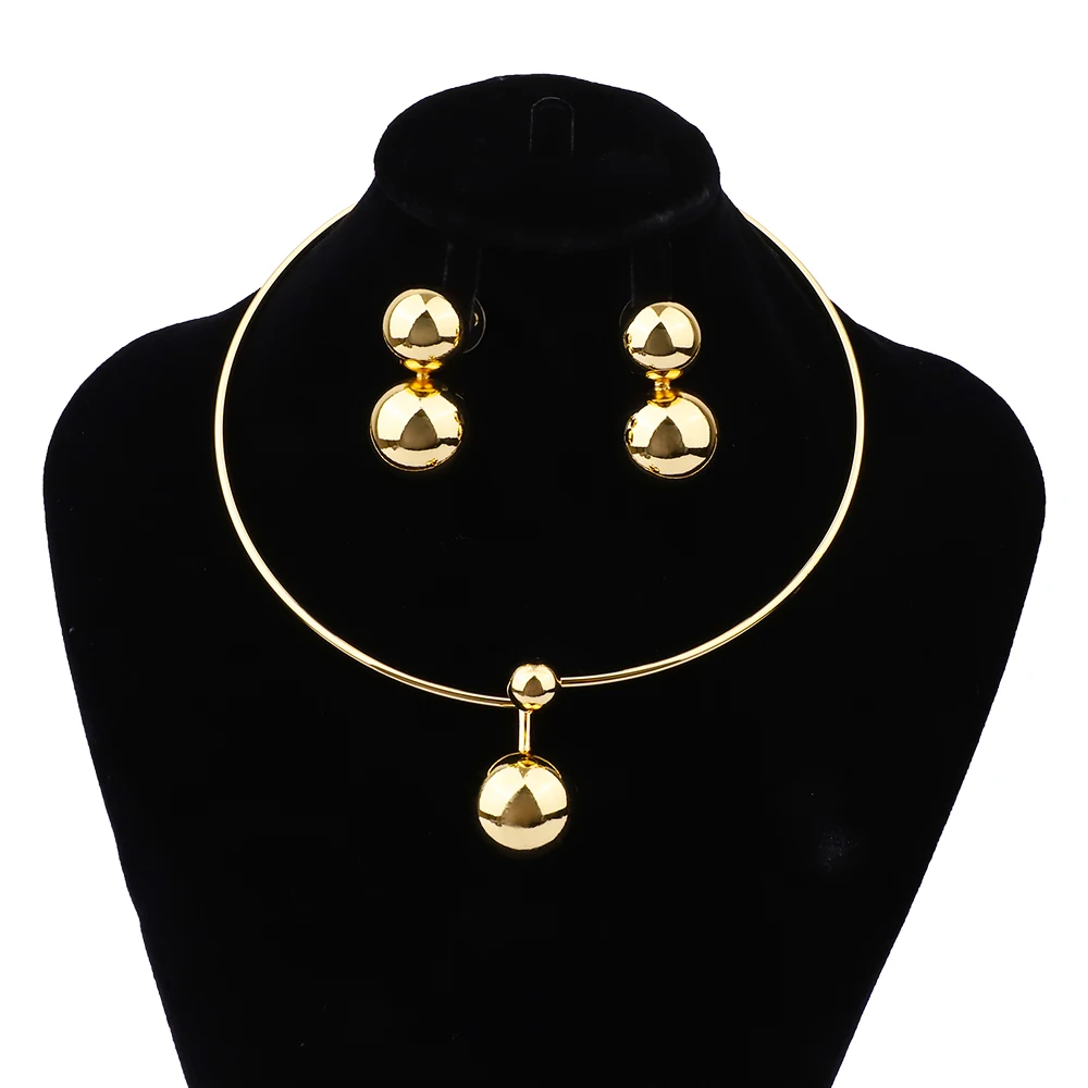 

African Gold Color Exquisite Jewelry Women's Necklace Earrings Set Spherical Shape Design Fashion Classic Style Birthday Party