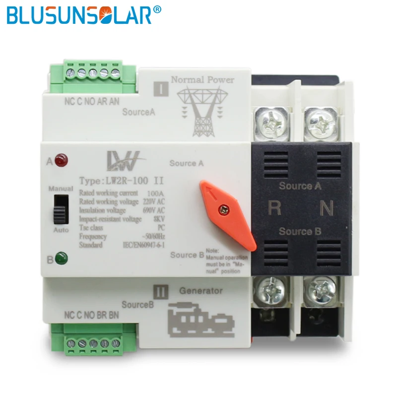 

Din Rail 2P 100A 220V AC ATS Dual Power Automatic Transfer Switch Electrical Uninterrupted Power Blusunslar Mini rcd leakage