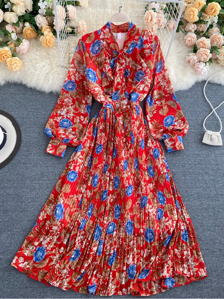 Женское винтажное шифоновое платье ALPHALMODA плиссированное до середины икры с