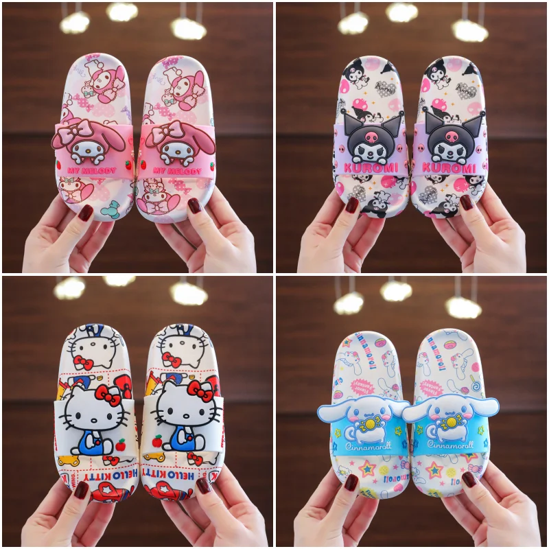 

Sanrioed Cinnamoroll Kuromi HelloKittys My Melody милые летние пляжные сандалии для девочек, детские Нескользящие домашние тапочки