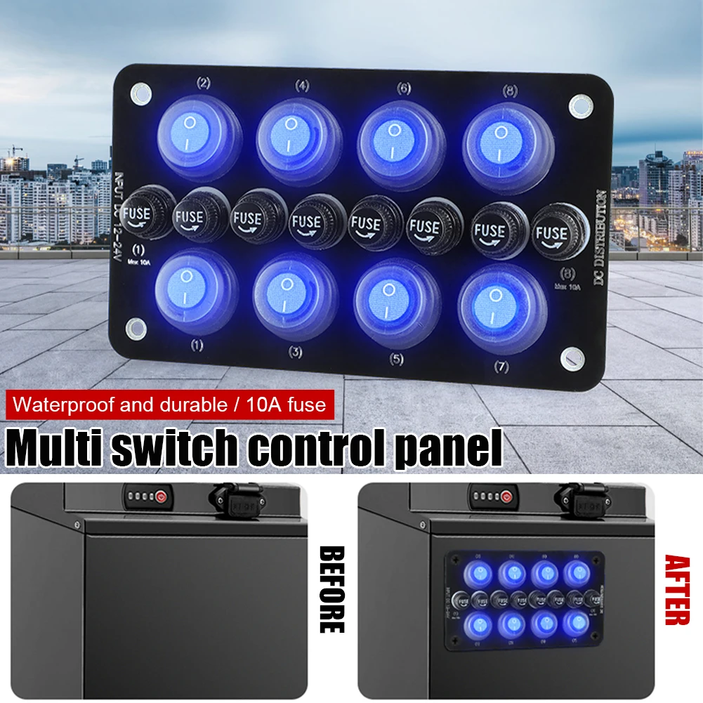 

8 Gang Rocker Switch Panel 12-24V On-OFF Toggle Switch Panel Waterproof with 10A Fuse Blue Backlit for Cars SUV Marine Boat