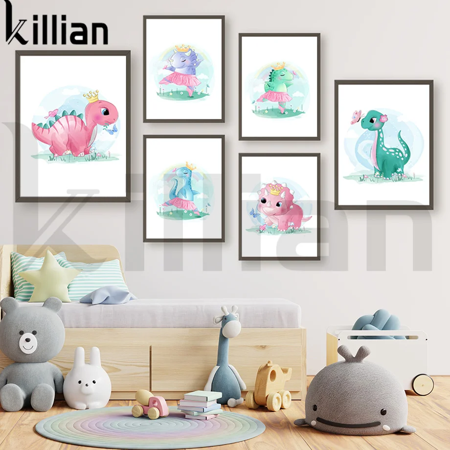 

Crown Color Dinosaur Cartoon Canvas Poster Butterfly Flower Wall Art Canvas Painting Wall Picture Children's Room Decoration