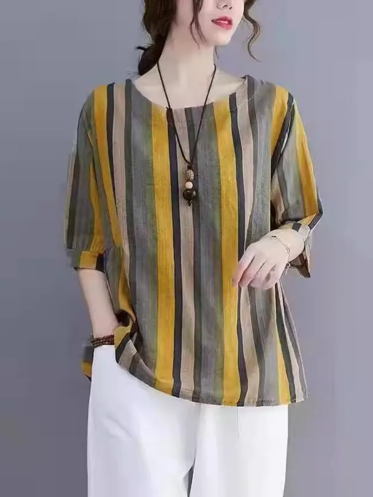 Cotton and Linen Fashion Women clothes Casual Short sleeve T-shirt 2024 Summer New Chubby Girl Belly Covering Slimming Loose ...