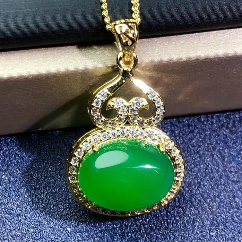 

Genuine Natural Green Jade Gourd Pendant With Zircon Feng Shui Necklace Women Fine Jewelry Myanmar Jadeite Charms Lucky Amulet