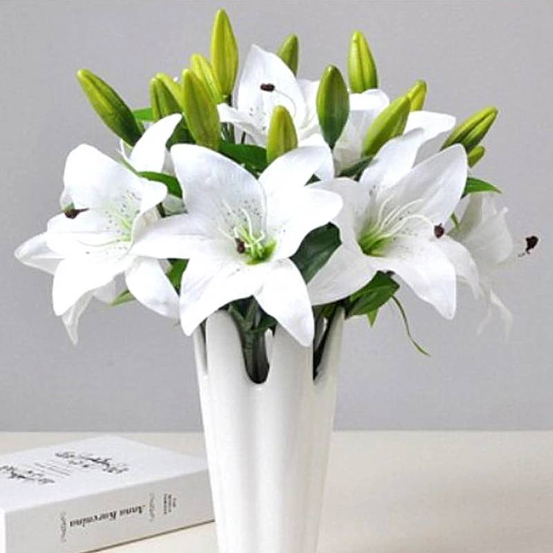 

4Pcs Simulation 3 Heads Lilies Artificial Flower Latex Film Lily Home Living Room Decoration Wedding Arrangement Bouquet Floral