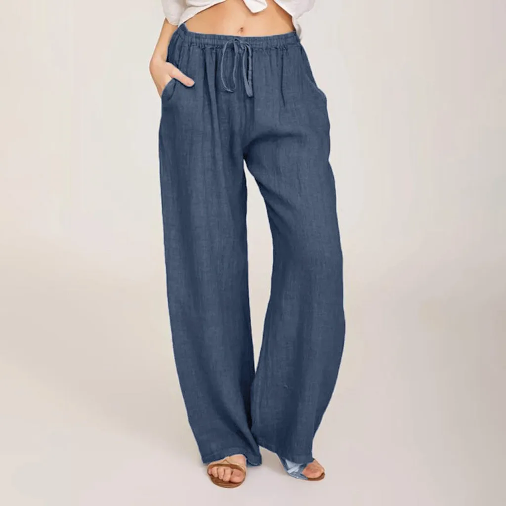 Wide Leg Pants For Women Drawstring Elastic Waist Casual Pants Summer Fashion Beach Loose Trousers Streetwear