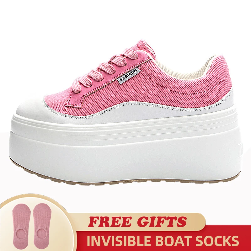 8cm New Canvas Genuine Leather Women Fashion Sneakers Platform Shoes Wedge Hidden Heel Ladies Summer Mixed Color Vulcanize shoes