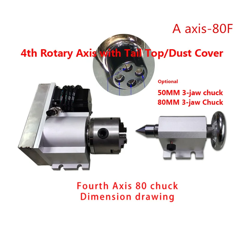 

Center Height 49MM 4th Axis A Aixs CNC Rotary Axis 3 Jaw Chuck 50/80mm with Tailstock for Wood Work CNC Router Engraving Machine