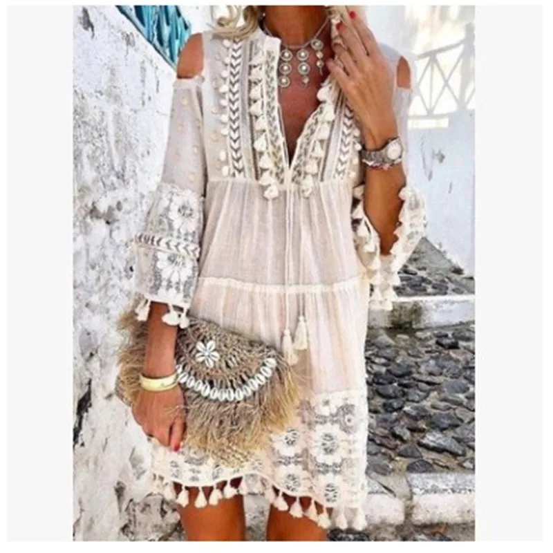 

Новинка лета 2022, модные элегантные женские повседневные платья, кружевное платье средней длины с вырезами и бахромой, женское и женское одн...