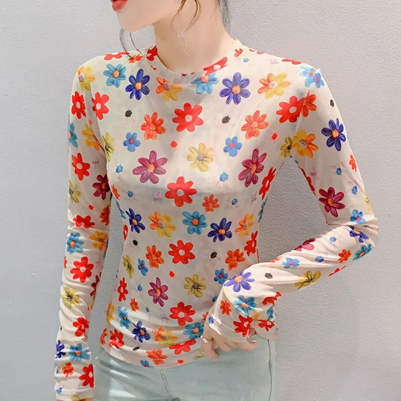 Женская Двухслойная футболка с цветочным принтом Элегантная круглым вырезом и