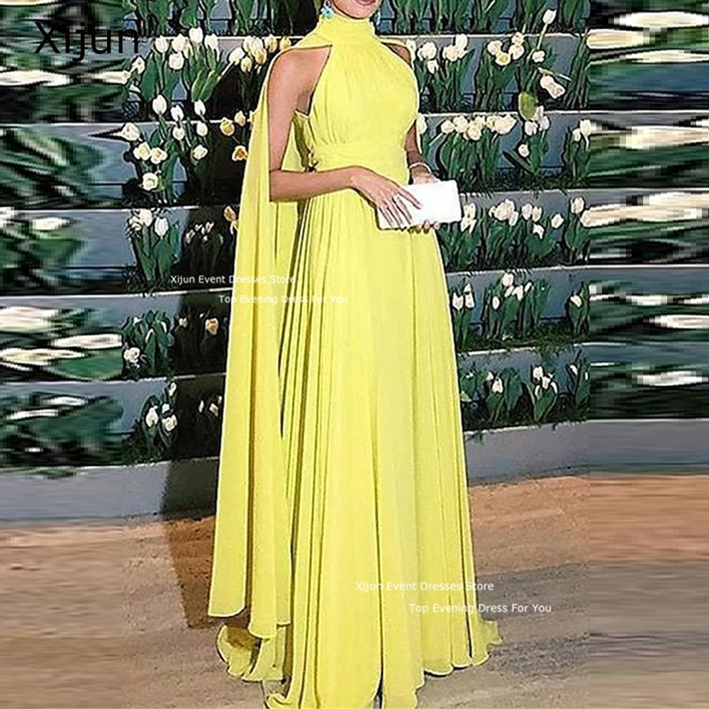 

Xijun Dubai Formal Evening Dresses Elegant Chiffon Ruched High Neck Cape Yellow Prom Dresses 2023 Prom Gowns For Women Vestidos