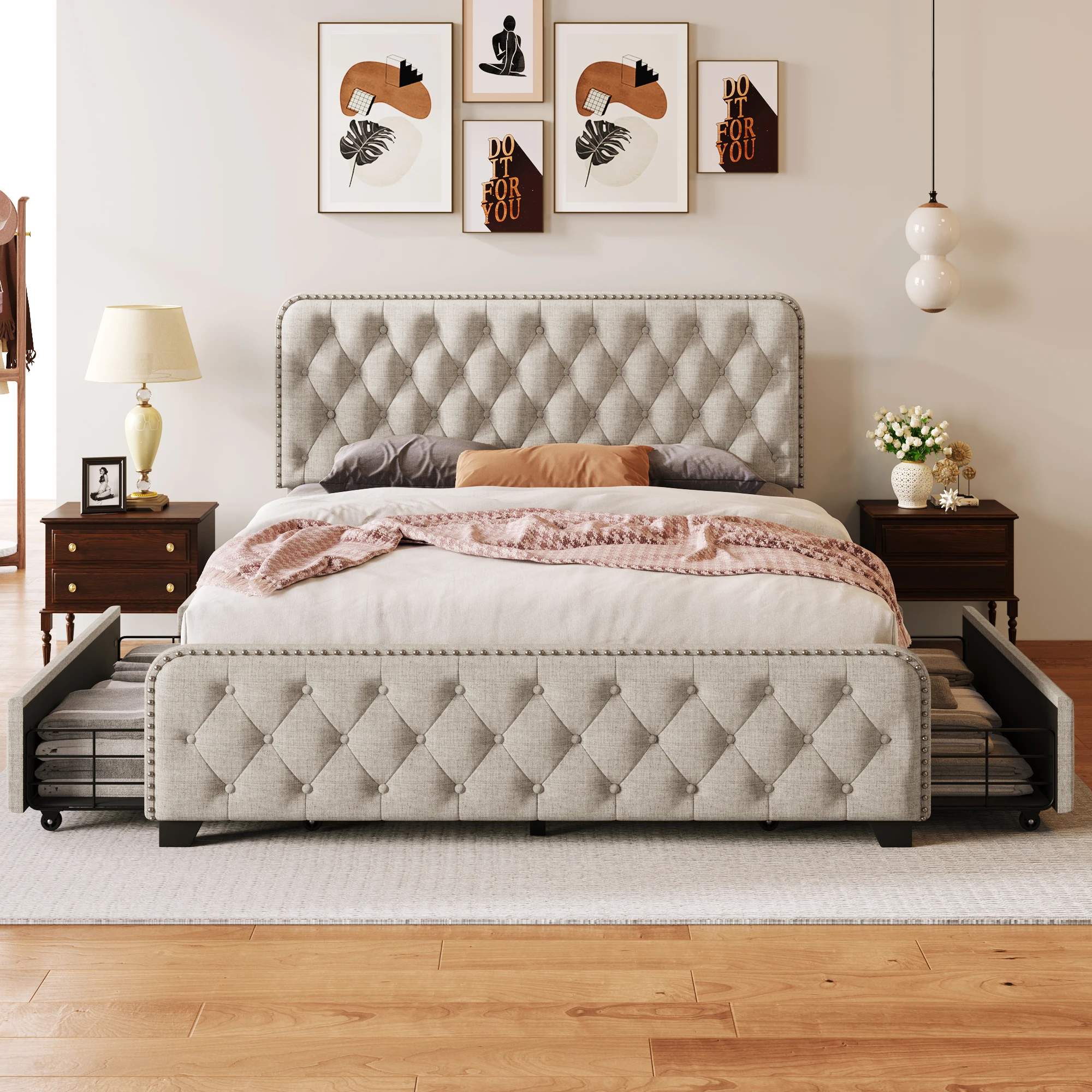 With Four Drawers, Button Tufted Headboard And Footboard Sturdy Metal Support,
