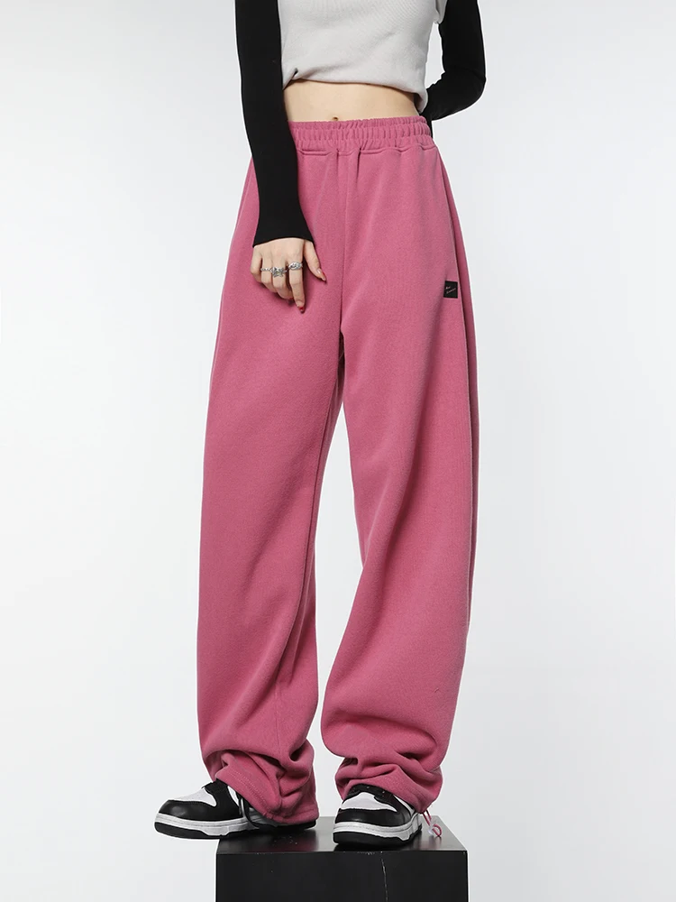 

Женские спортивные брюки с широкими штанинами, повседневные мешковатые спортивные штаны розового цвета с высокой талией и эластичным поясом в Корейском стиле, весна 2023