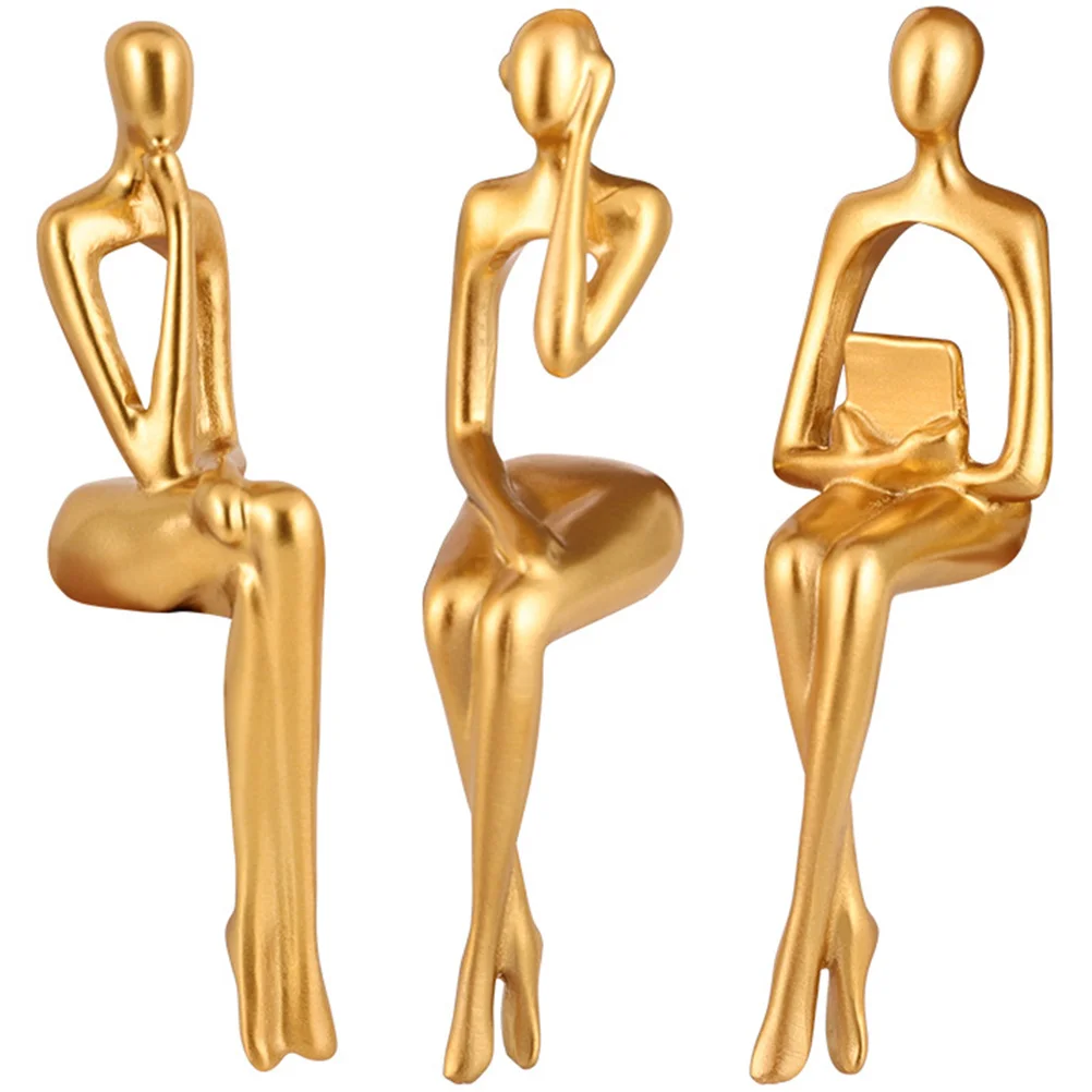 

Thinker Statue Abstract Sculpture Decor Resin Figurine Thinking Gold Bookshelf Sitting Man Golden Figure Decorative Craft