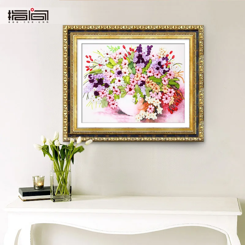 

3d Prints Ribbon embroidery painting art wall decor flower Cross Stitch handcraft DIY needlework kit 45x55cm satin painting set