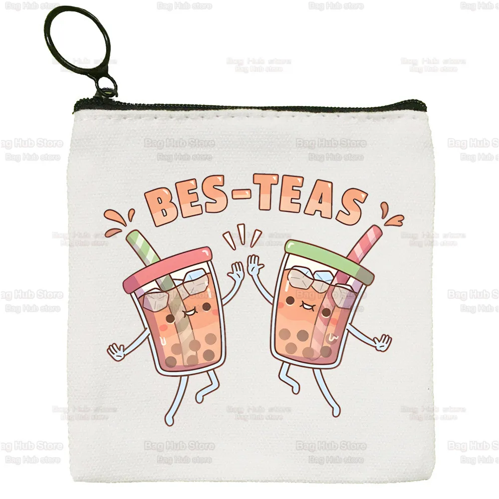 Boba Milk Tea Mini Coin Purse Canvas  Cartoon Cute Student Wallet Bubble Tea Cute Coin Case Zipper Hand Female Key Case