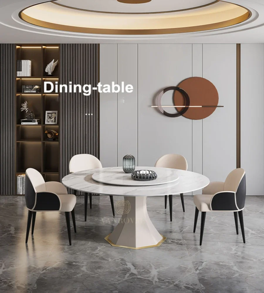 Легкий роскошный круглый обеденный стол из каменной плиты с поворотным столом