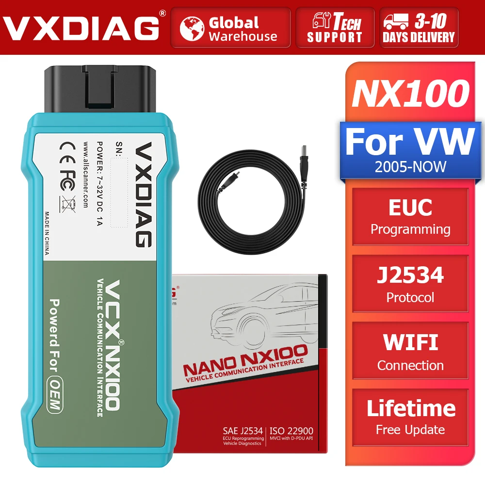 

VXDIAG NANO NX100 For VW 2005-Now OBDII Scanner ECU Coding Active Test Car Scan Tool Support J2534 Key Programming Free Update