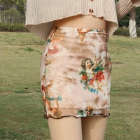 2021 new spring summer y2k half length bag hip skirts little angel print short skirt brown ruffle a line skirt female faldas 90s