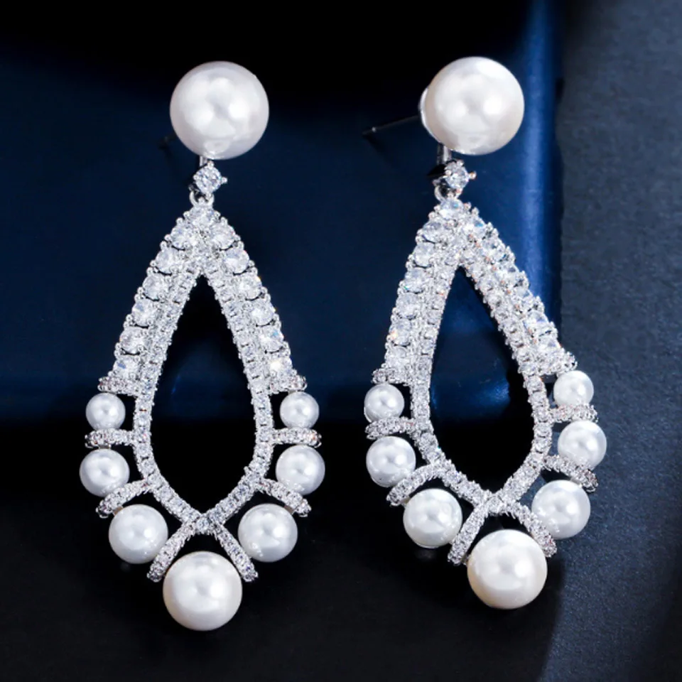 

Классические женские свадебные серьги Zlxgirl с белым прозрачным жемчугом Ювелирные изделия брендовые серебряные циркониевые медные Свадебн...