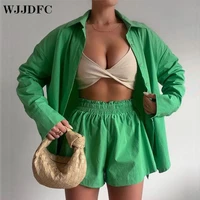 wjjdfc cotton casual women two piece short sets summer office za high waist green shirt suit set orange pink fashion sets 2022